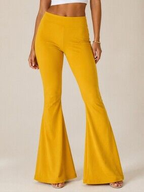 Yellow High Rise Ruched Flare Legging Bell Bottom Pants Medium 70s Retro Disco